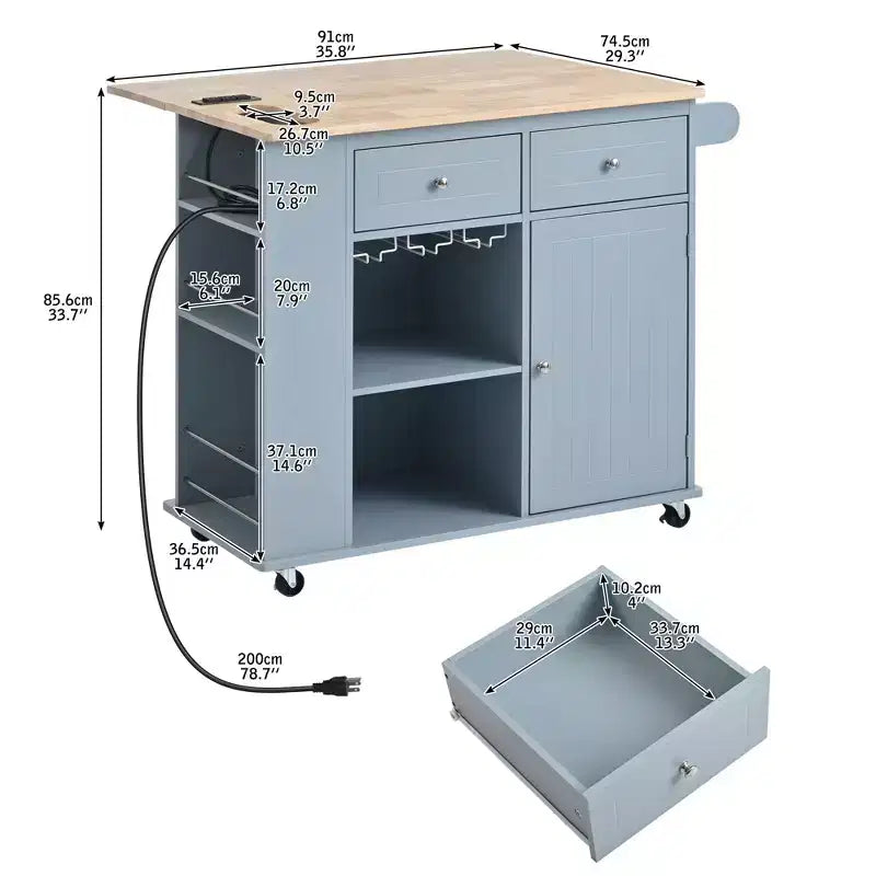 Kitchen Island with Power Outlet, Drop Leaf, Wine Rack and Adjustable Storage for Kitchen and Dining Room, Blue
