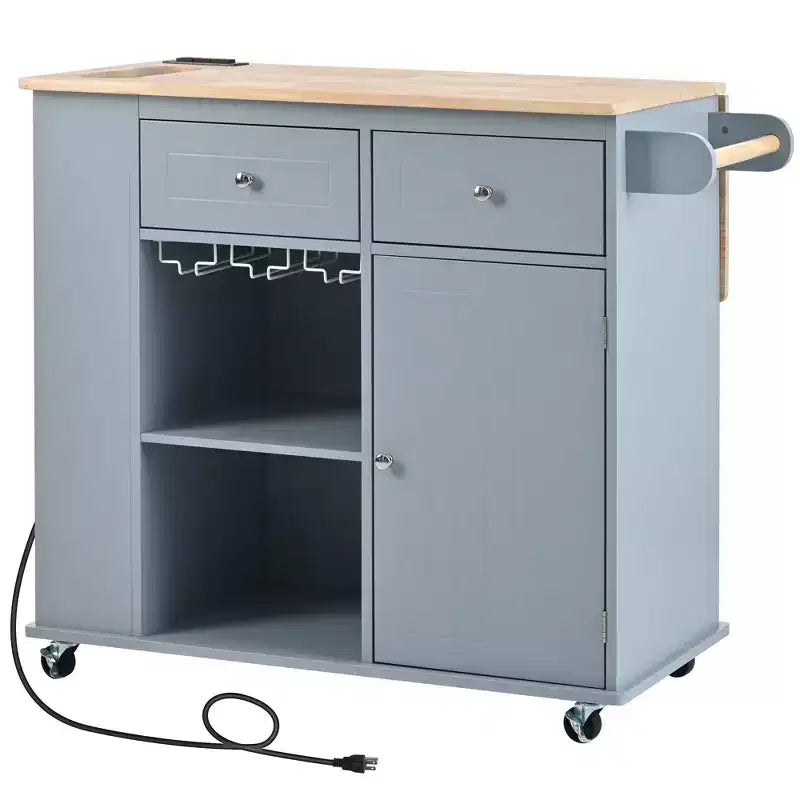 Kitchen Island with Power Outlet, Drop Leaf, Wine Rack and Adjustable Storage for Kitchen and Dining Room, Blue