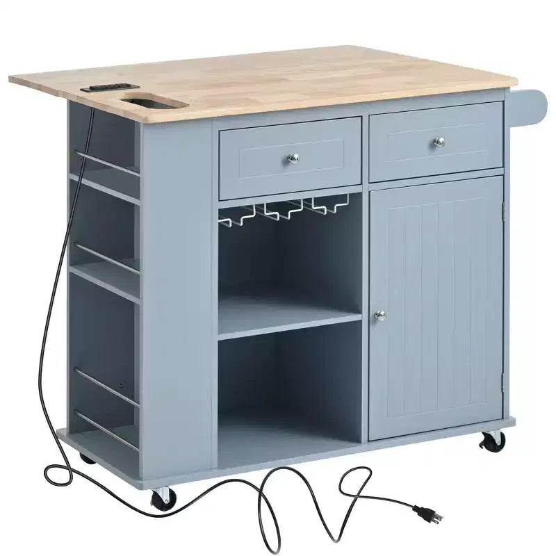 Kitchen Island with Power Outlet, Drop Leaf, Wine Rack and Adjustable Storage for Kitchen and Dining Room, Blue