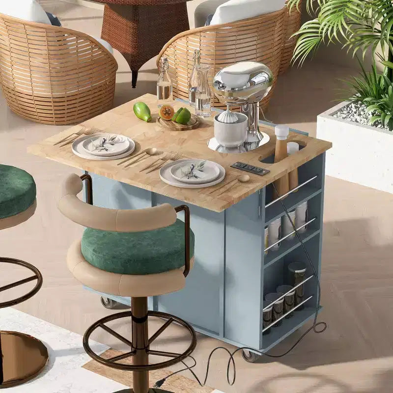 Kitchen Island with Power Outlet, Drop Leaf, Wine Rack and Adjustable Storage for Kitchen and Dining Room, Blue