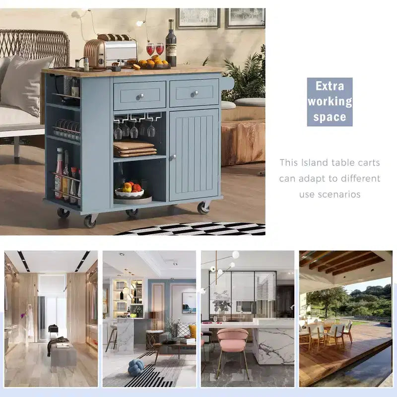 Kitchen Island with Power Outlet, Drop Leaf, Wine Rack and Adjustable Storage for Kitchen and Dining Room, Blue