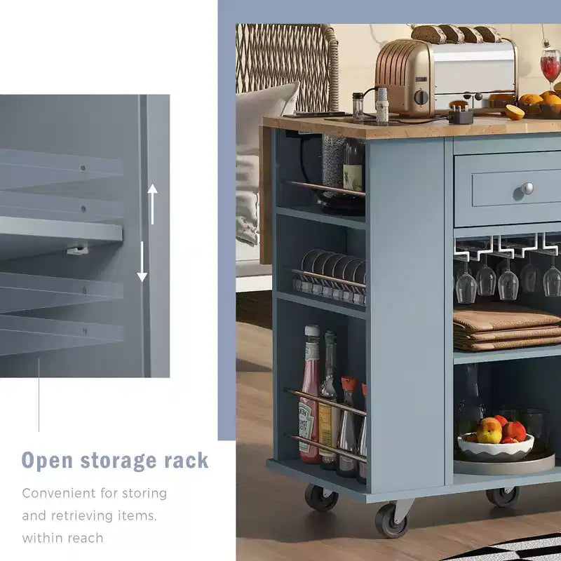 Kitchen Island with Power Outlet, Drop Leaf, Wine Rack and Adjustable Storage for Kitchen and Dining Room, Blue
