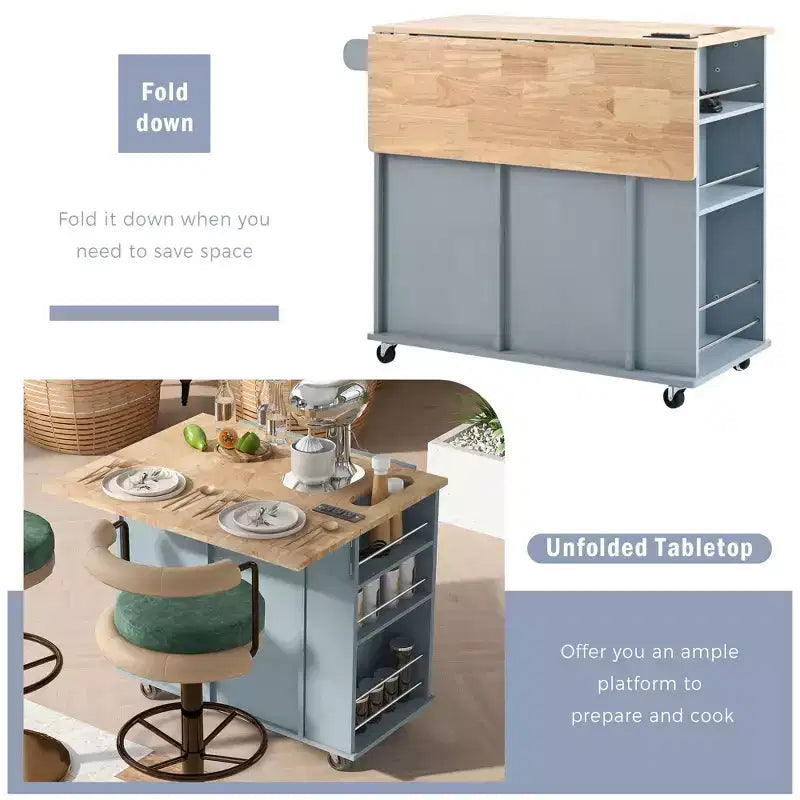 Kitchen Island with Power Outlet, Drop Leaf, Wine Rack and Adjustable Storage for Kitchen and Dining Room, Blue