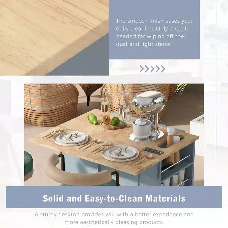 Kitchen Island with Power Outlet, Drop Leaf, Wine Rack and Adjustable Storage for Kitchen and Dining Room, Blue