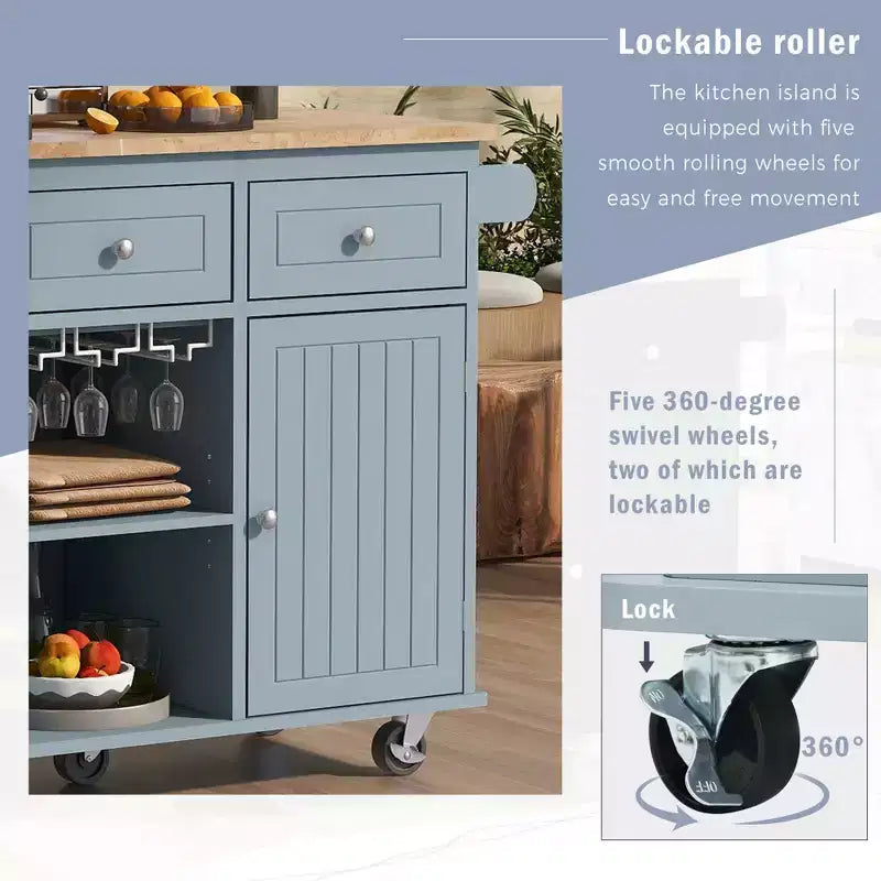 Kitchen Island with Power Outlet, Drop Leaf, Wine Rack and Adjustable Storage for Kitchen and Dining Room, Blue