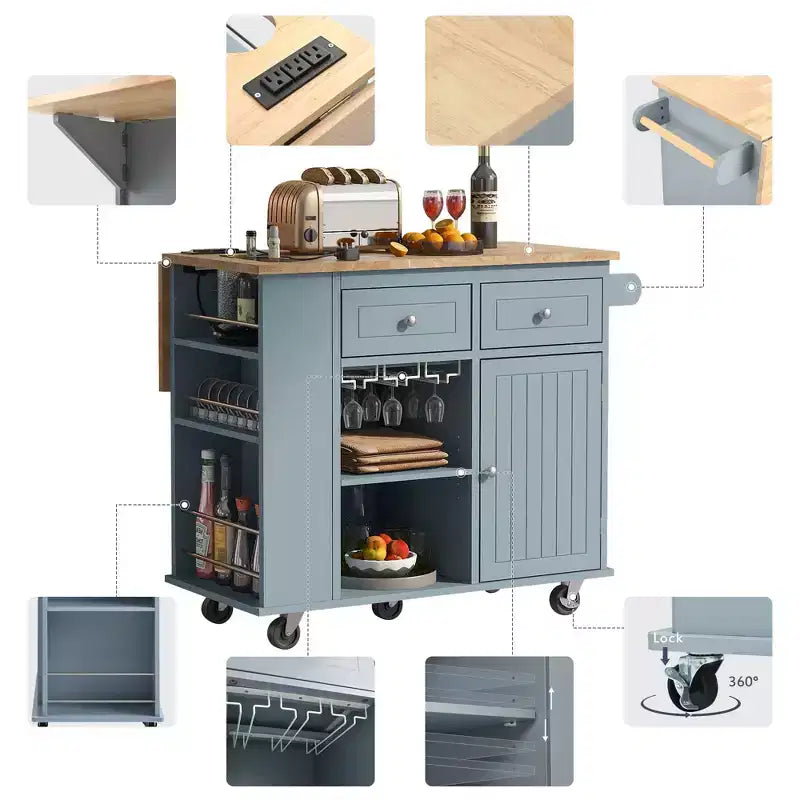 Kitchen Island with Power Outlet, Drop Leaf, Wine Rack and Adjustable Storage for Kitchen and Dining Room, Blue