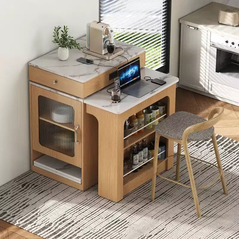 59.5-Inch Kitchen Island with Extendable Dining Table, Double-Sided Storage, Power Outlet and Open Shelves, Natural