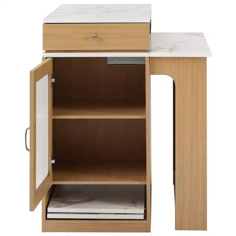 59.5-Inch Kitchen Island with Extendable Dining Table, Double-Sided Storage, Power Outlet and Open Shelves, Natural