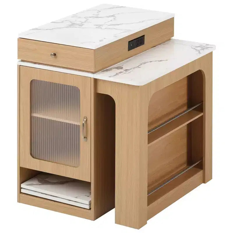 59.5-Inch Kitchen Island with Extendable Dining Table, Double-Sided Storage, Power Outlet and Open Shelves, Natural