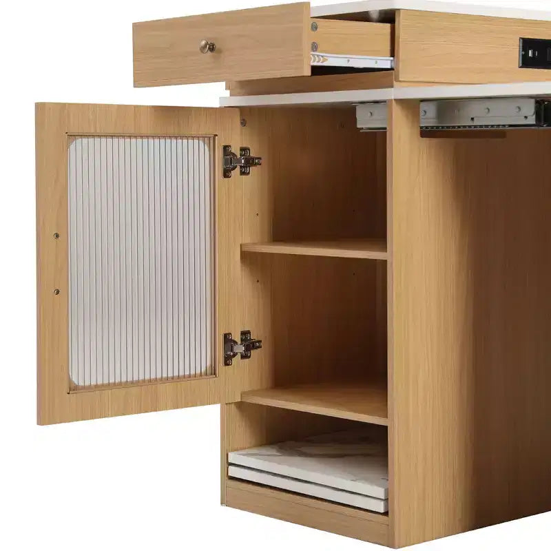 59.5-Inch Kitchen Island with Extendable Dining Table, Double-Sided Storage, Power Outlet and Open Shelves, Natural