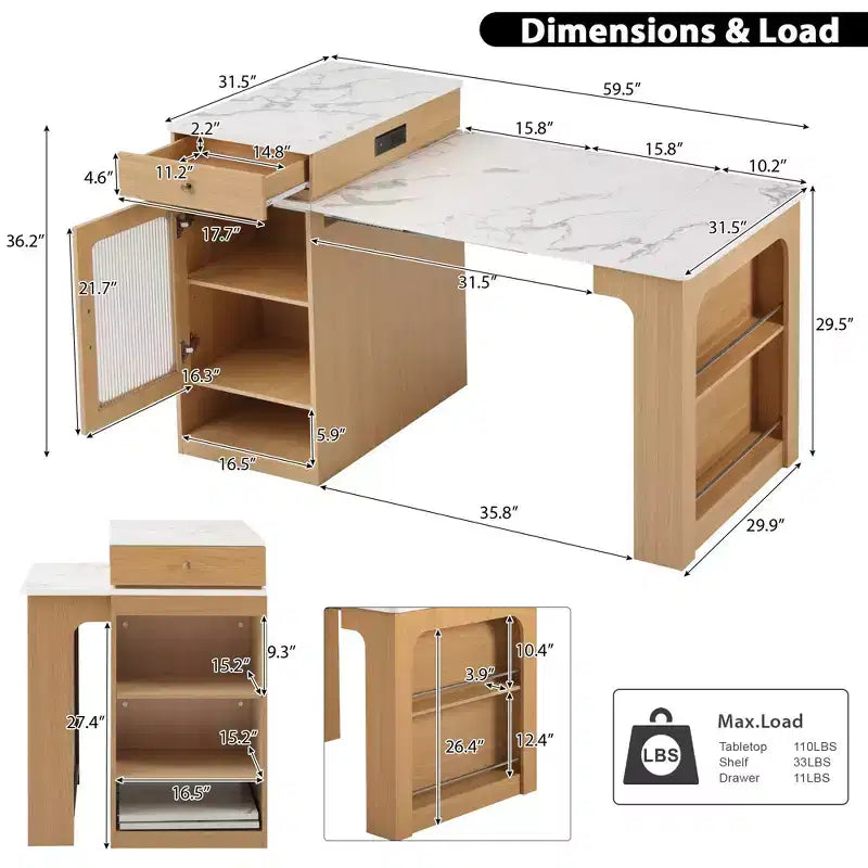 59.5-Inch Kitchen Island with Extendable Dining Table, Double-Sided Storage, Power Outlet and Open Shelves, Natural
