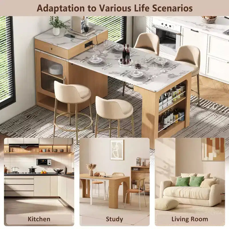 59.5-Inch Kitchen Island with Extendable Dining Table, Double-Sided Storage, Power Outlet and Open Shelves, Natural