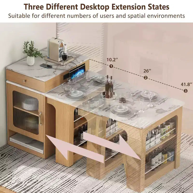 59.5-Inch Kitchen Island with Extendable Dining Table, Double-Sided Storage, Power Outlet and Open Shelves, Natural