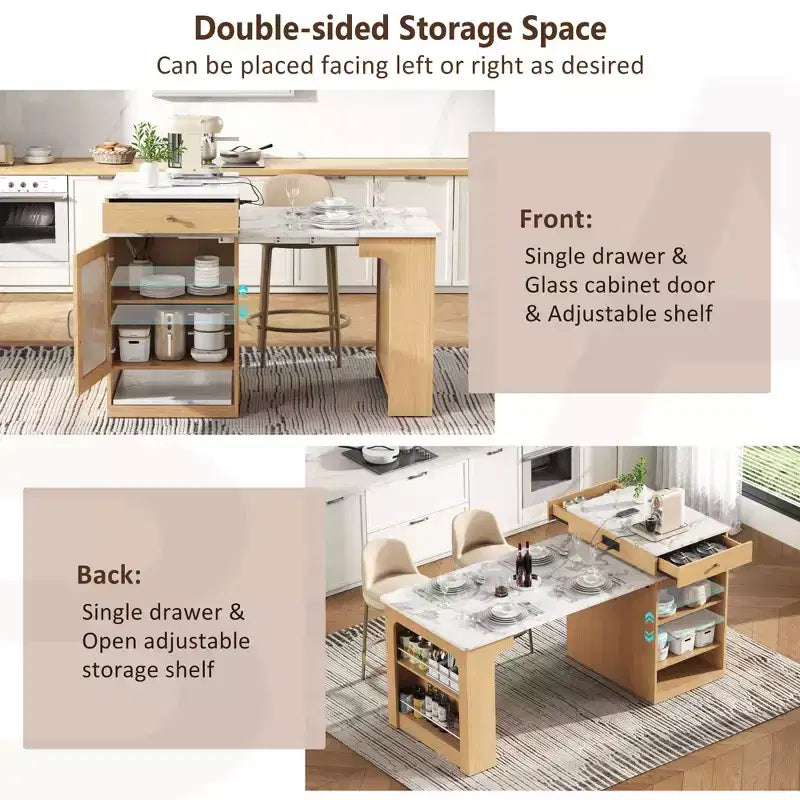 59.5-Inch Kitchen Island with Extendable Dining Table, Double-Sided Storage, Power Outlet and Open Shelves, Natural