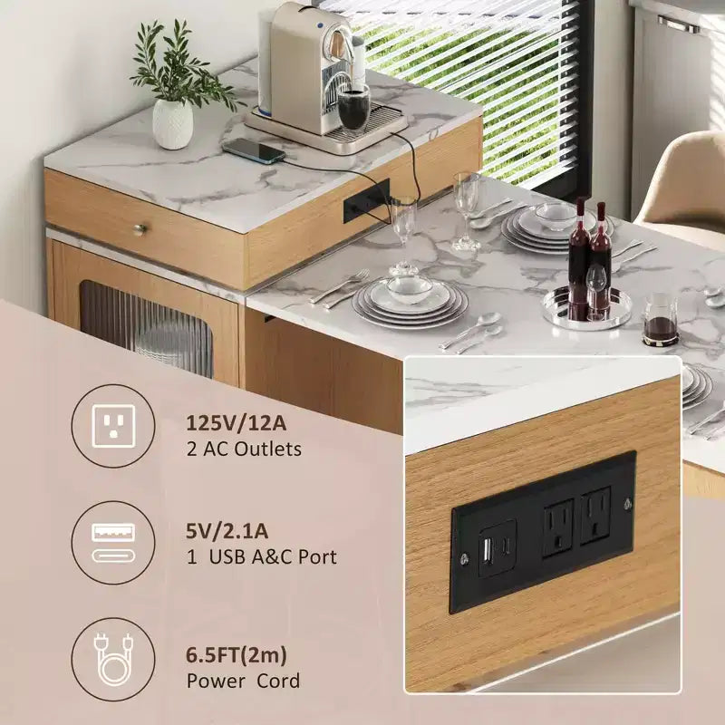 59.5-Inch Kitchen Island with Extendable Dining Table, Double-Sided Storage, Power Outlet and Open Shelves, Natural
