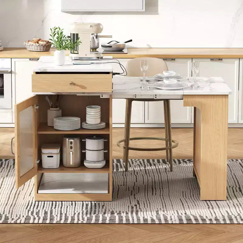 59.5-Inch Kitchen Island with Extendable Dining Table, Double-Sided Storage, Power Outlet and Open Shelves, Natural
