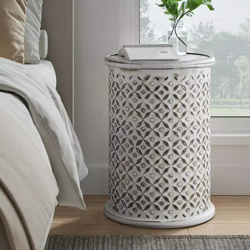 Distressed Hardwood Global Drum End Table