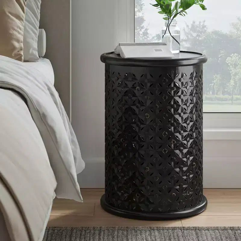 Distressed Hardwood Global Drum End Table