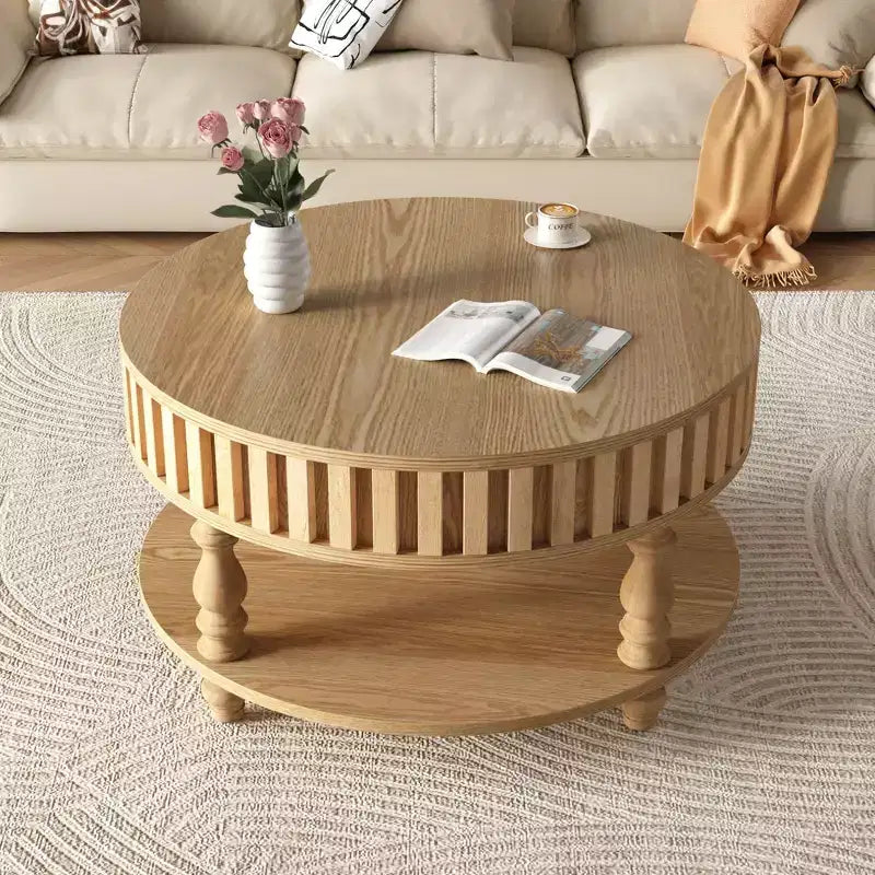 Vintage Round 2-Tier Coffee Table with Dual Storage and Solid Wood Veneer for Living Room and Bedroom