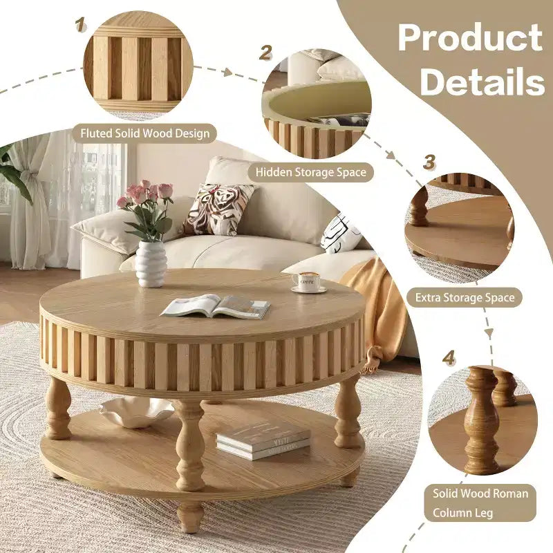 Vintage Round 2-Tier Coffee Table with Dual Storage and Solid Wood Veneer for Living Room and Bedroom