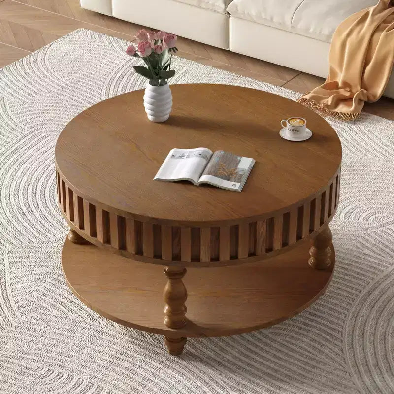 Vintage Round 2-Tier Coffee Table with Dual Storage and Solid Wood Veneer for Living Room and Bedroom
