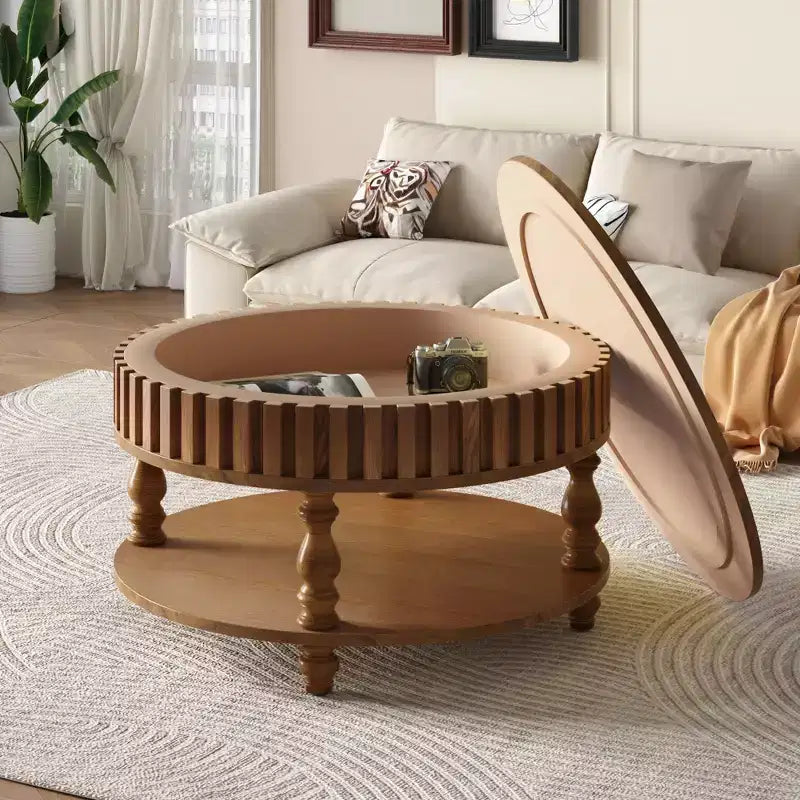 Vintage Round 2-Tier Coffee Table with Dual Storage and Solid Wood Veneer for Living Room and Bedroom