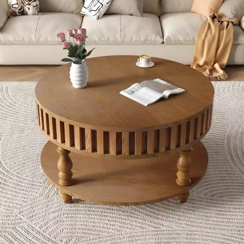 Vintage Round 2-Tier Coffee Table with Dual Storage and Solid Wood Veneer for Living Room and Bedroom
