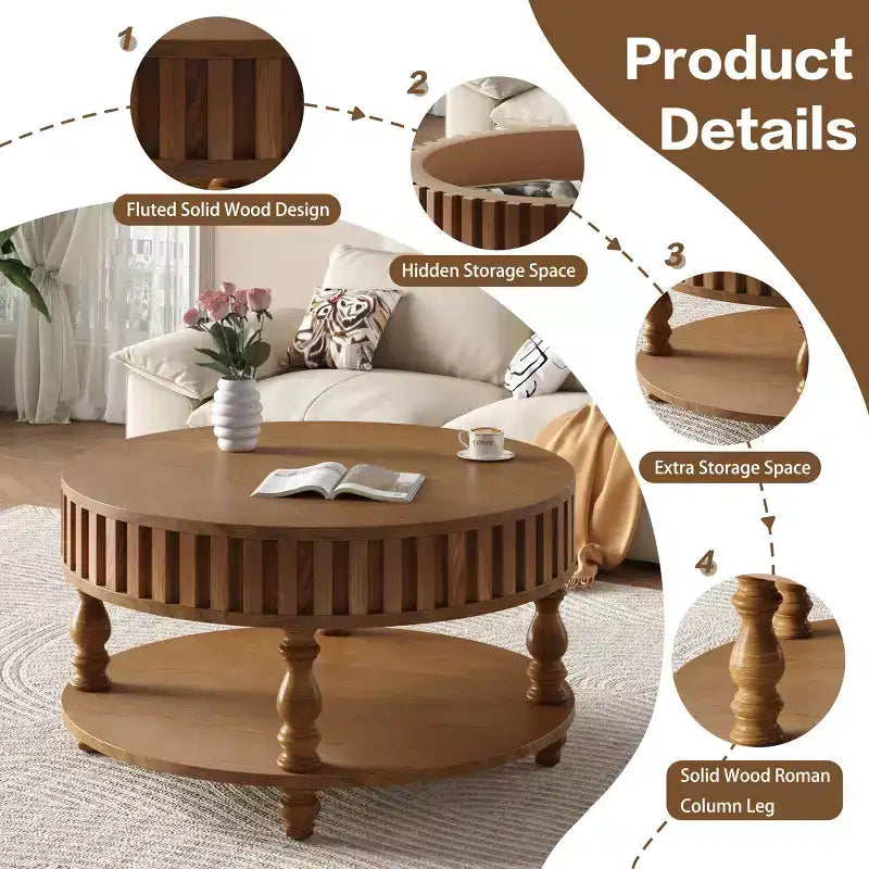 Vintage Round 2-Tier Coffee Table with Dual Storage and Solid Wood Veneer for Living Room and Bedroom