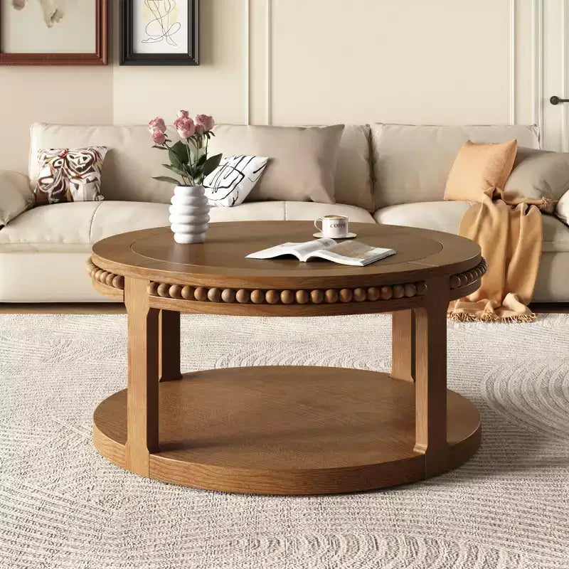 Vintage Round 2-Tier Coffee Table with Dual Storage and Solid Wood Veneer for Living Room and Bedroom