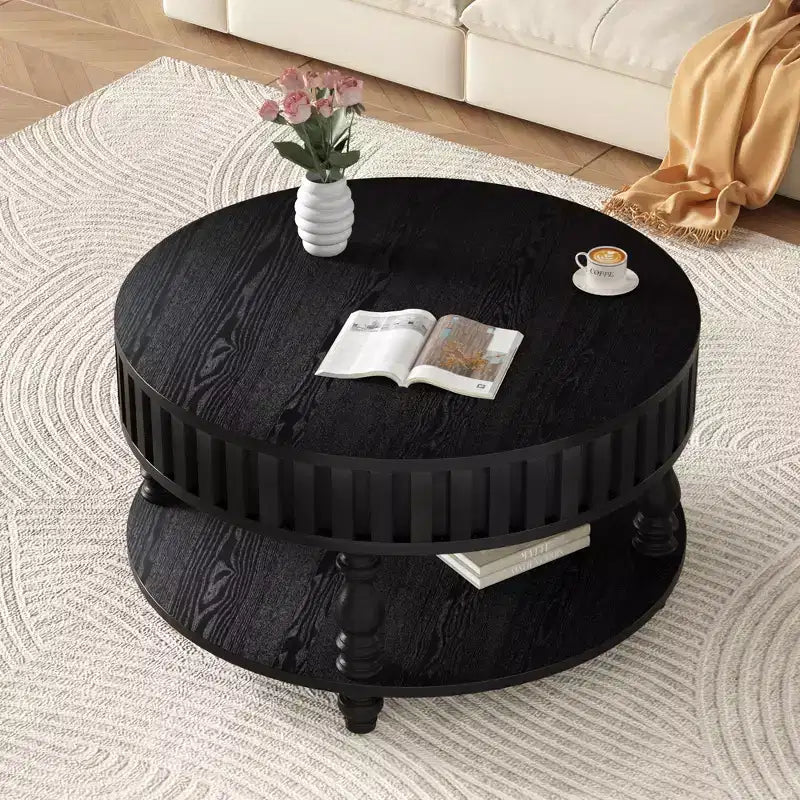 Vintage Round 2-Tier Coffee Table with Dual Storage and Solid Wood Veneer for Living Room and Bedroom