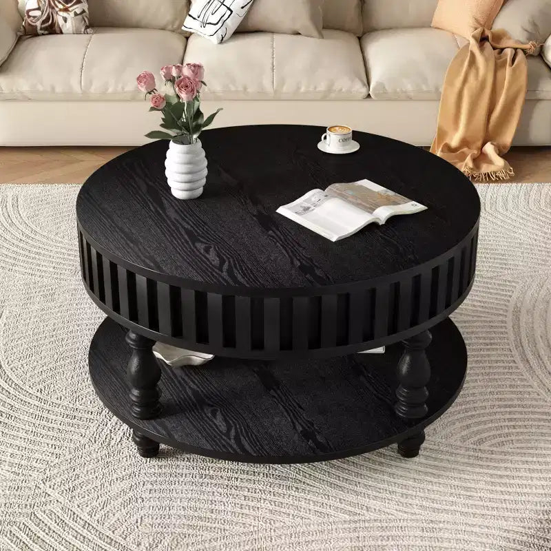 Vintage Round 2-Tier Coffee Table with Dual Storage and Solid Wood Veneer for Living Room and Bedroom