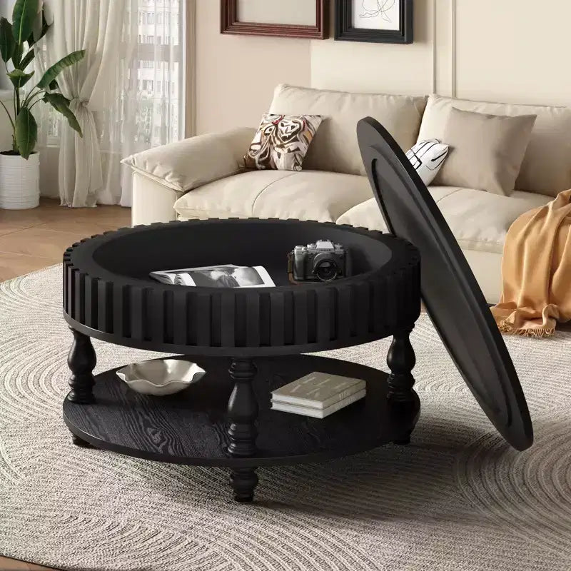 Vintage Round 2-Tier Coffee Table with Dual Storage and Solid Wood Veneer for Living Room and Bedroom