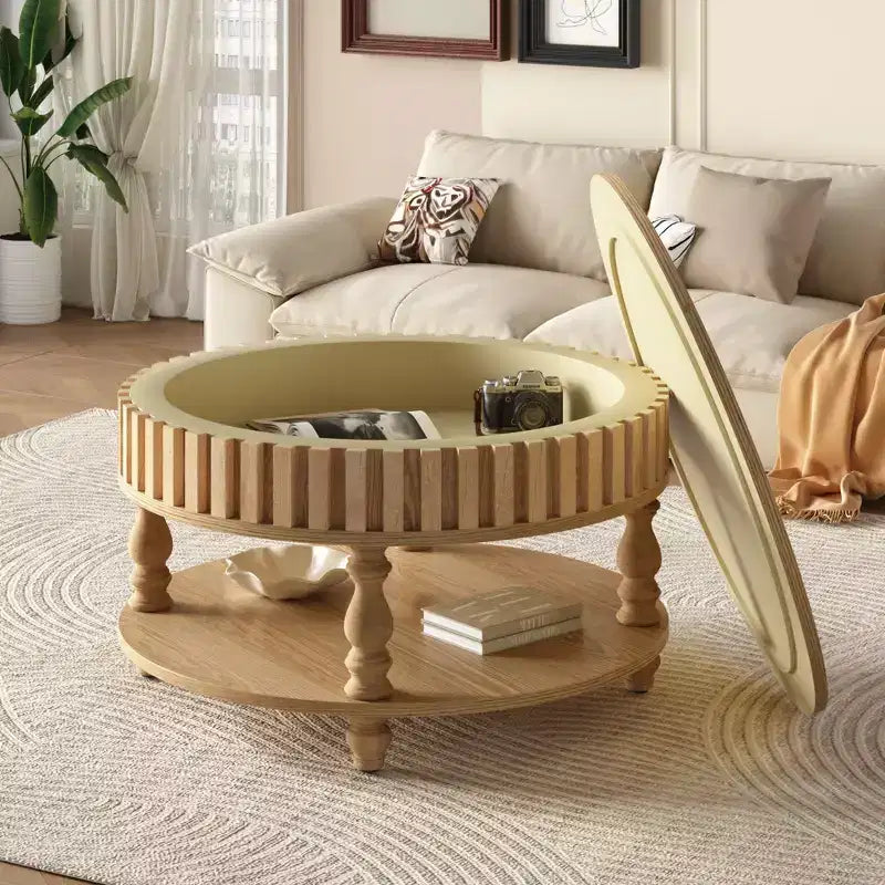 Vintage Round 2-Tier Coffee Table with Dual Storage and Solid Wood Veneer for Living Room and Bedroom