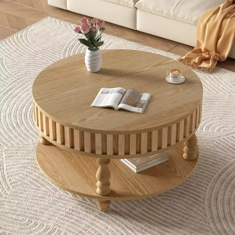 Vintage Round 2-Tier Coffee Table with Dual Storage and Solid Wood Veneer for Living Room and Bedroom