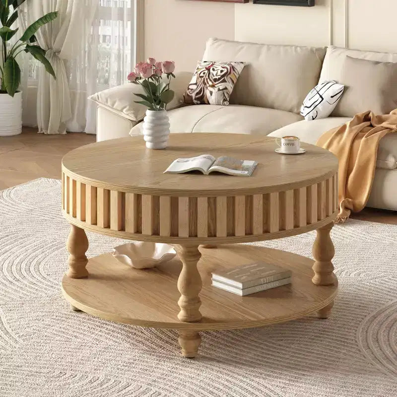 Vintage Round 2-Tier Coffee Table with Dual Storage and Solid Wood Veneer for Living Room and Bedroom