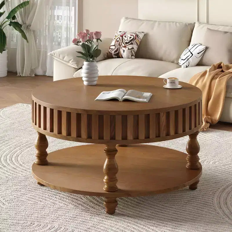 Vintage Round 2-Tier Coffee Table with Dual Storage and Solid Wood Veneer for Living Room and Bedroom