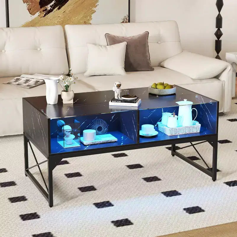 LED Coffee Table with 4 Storage Cubes, Faux Marble and Tempered Glass Top for Living Room, Black