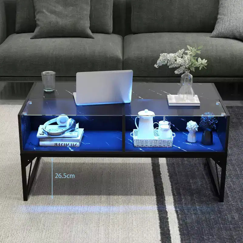 LED Coffee Table with 4 Storage Cubes, Faux Marble and Tempered Glass Top for Living Room, Black
