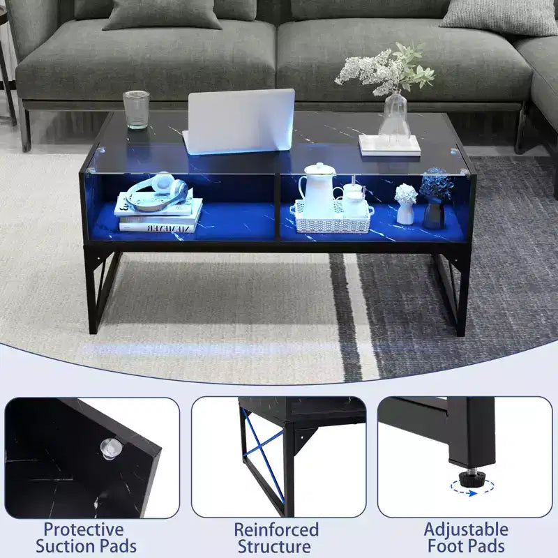 LED Coffee Table with 4 Storage Cubes, Faux Marble and Tempered Glass Top for Living Room, Black