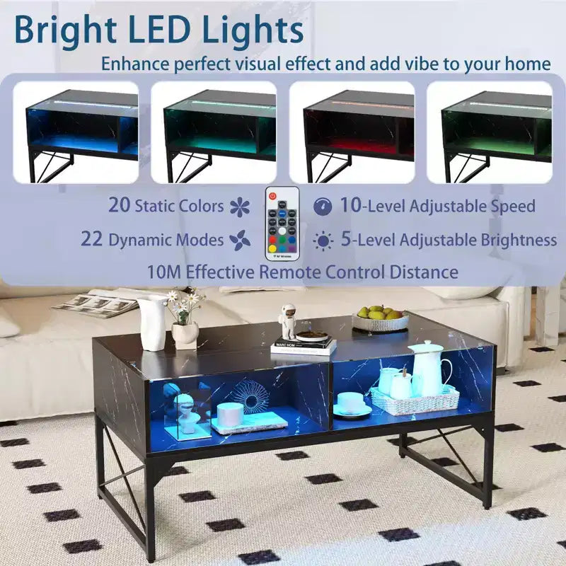 LED Coffee Table with 4 Storage Cubes, Faux Marble and Tempered Glass Top for Living Room, Black