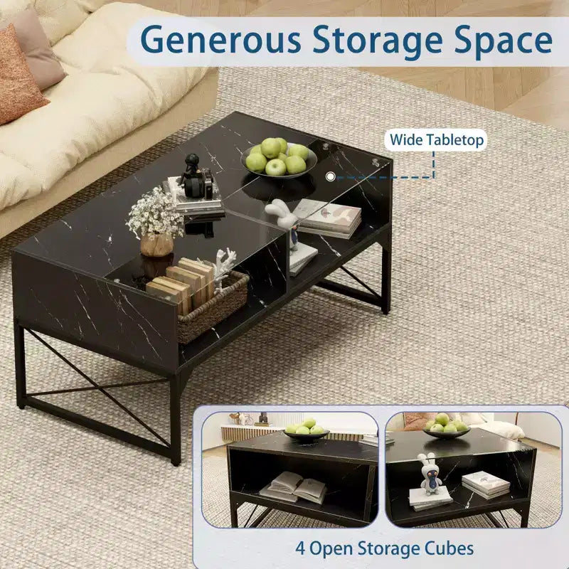LED Coffee Table with 4 Storage Cubes, Faux Marble and Tempered Glass Top for Living Room, Black