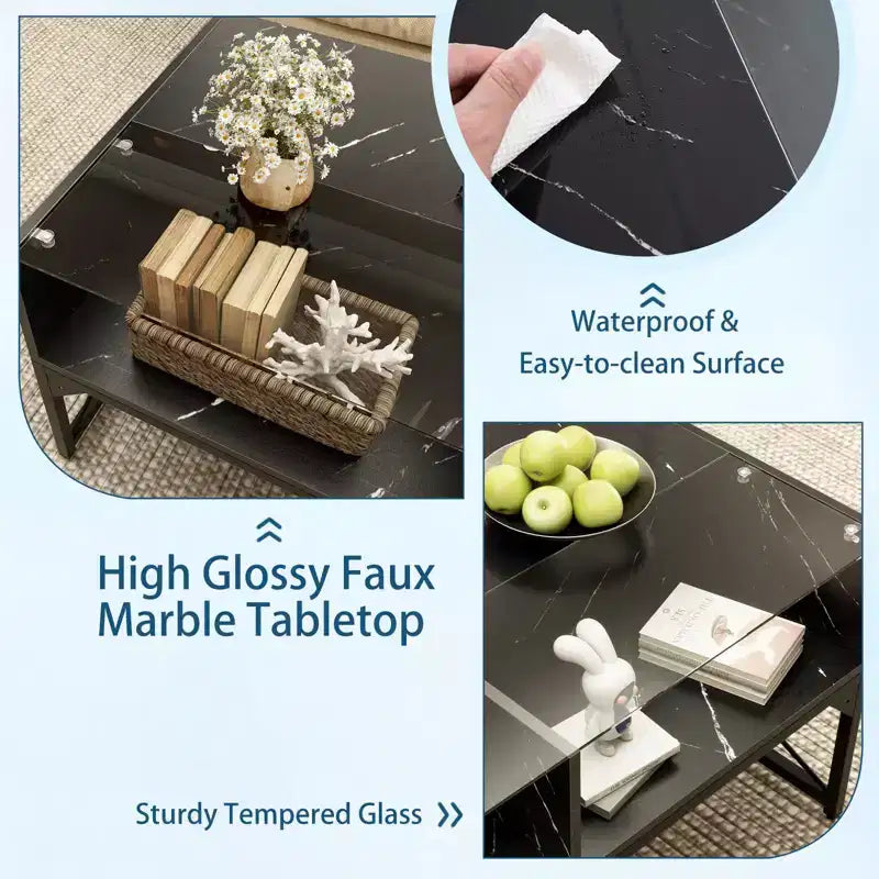 LED Coffee Table with 4 Storage Cubes, Faux Marble and Tempered Glass Top for Living Room, Black