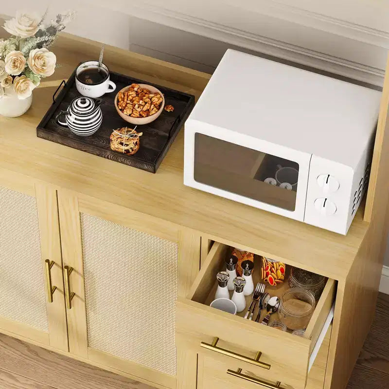 71-Inch Natural Rattan Farmhouse Kitchen Pantry Cabinet with 3 Drawers, Adjustable Shelves and 6 Hooks for Dining and Living Room