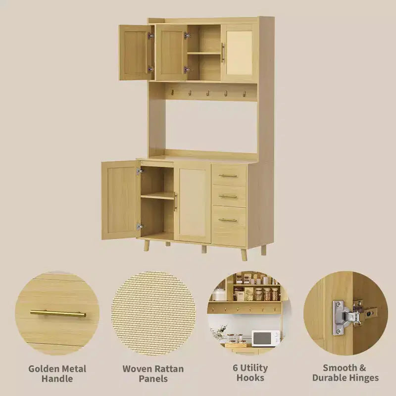 71-Inch Natural Rattan Farmhouse Kitchen Pantry Cabinet with 3 Drawers, Adjustable Shelves and 6 Hooks for Dining and Living Room