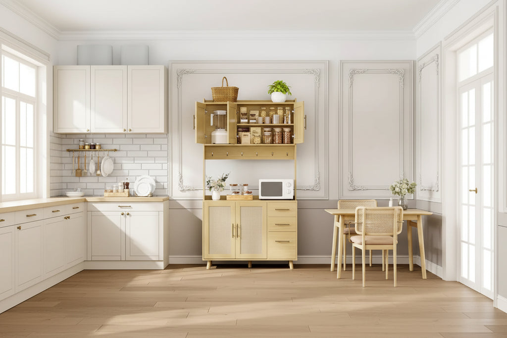 71-Inch Natural Rattan Farmhouse Kitchen Pantry Cabinet with 3 Drawers, Adjustable Shelves and 6 Hooks for Dining and Living Room