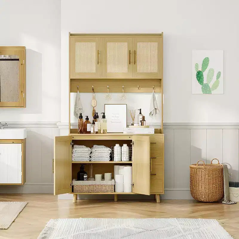 71-Inch Natural Rattan Farmhouse Kitchen Pantry Cabinet with 3 Drawers, Adjustable Shelves and 6 Hooks for Dining and Living Room