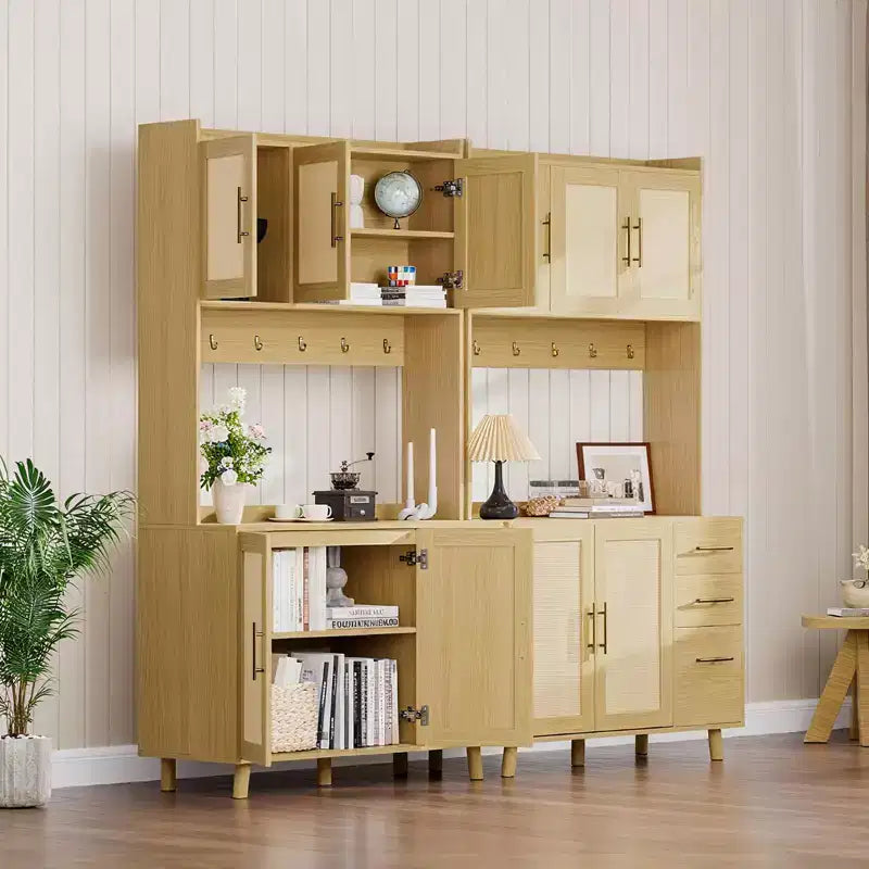 71-Inch Natural Rattan Farmhouse Kitchen Pantry Cabinet with 3 Drawers, Adjustable Shelves and 6 Hooks for Dining and Living Room