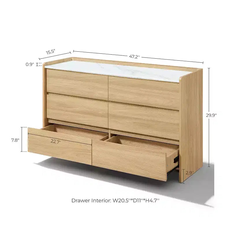 47.2-Inch 6-Drawer Dresser with Faux Marble Top and Raised Sides, Hazel Oak Brown