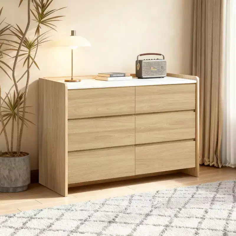 47.2-Inch 6-Drawer Dresser with Faux Marble Top and Raised Sides, Hazel Oak Brown