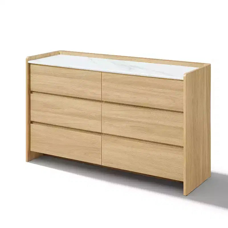 47.2-Inch 6-Drawer Dresser with Faux Marble Top and Raised Sides, Hazel Oak Brown